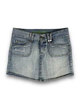 2000s Grunge Hydraulic Denim Mini Skirt Womens 7/8 Light Wash w/ Flap Pockets
